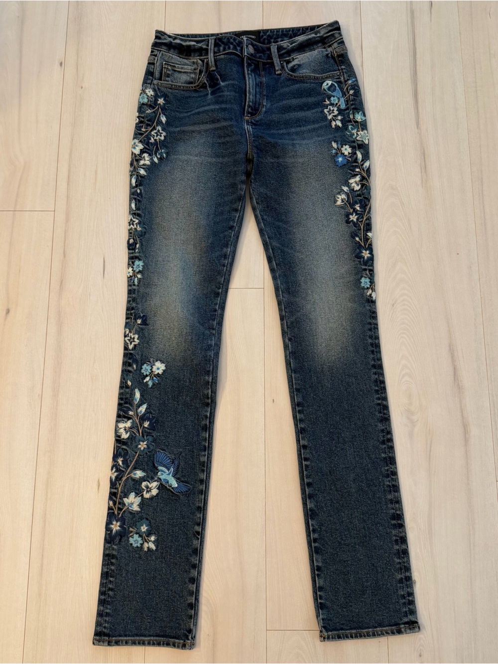 DRIFTWOOD Dark Blue Jeans with Floral & Bird Embroidery